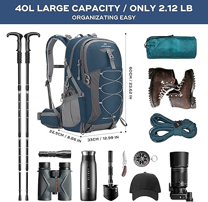 Maelstrom Hiking Backpack,Camping Backpack,40L Waterproof Hiking Daypack with Rain Cover,Lightweight Travel Backpack,Blue - Image 4