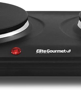 Elite Gourmet EDB-302BF Countertop Double Cast Iron Burner, 1500 Watts Electric Hot Plate, Temperature Controls, Power Indicator Lights, Easy to Clean, Black