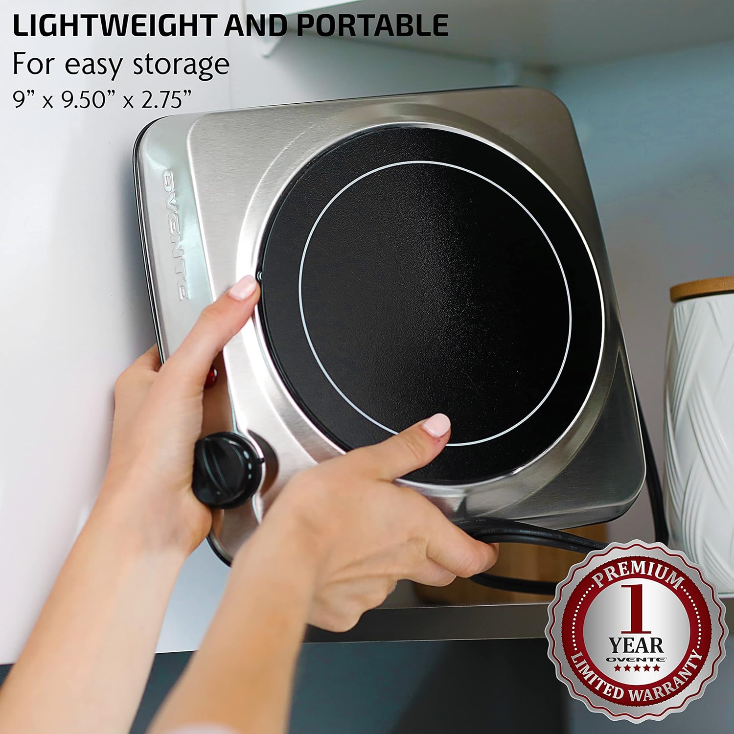 OVENTE Countertop Infrared Single Burner, 1000W Electric Hot Plate with 7” Ceramic Glass Cooktop, 5 Level Temperature Setting & Easy to Clean Base, Compact Stove for Home Dorm Office, Silver BGI101S - Image 3