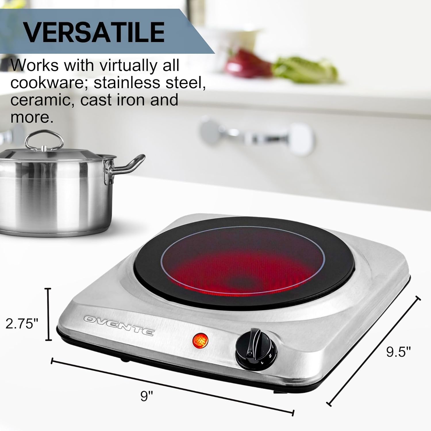 OVENTE Countertop Infrared Single Burner, 1000W Electric Hot Plate with 7” Ceramic Glass Cooktop, 5 Level Temperature Setting & Easy to Clean Base, Compact Stove for Home Dorm Office, Silver BGI101S - Image 5